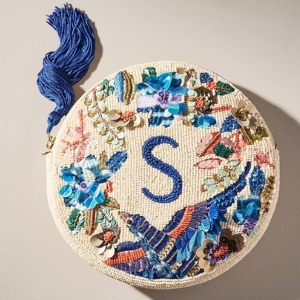 Anthropologie Beaded Floral Round Clutch in Blue and Cream